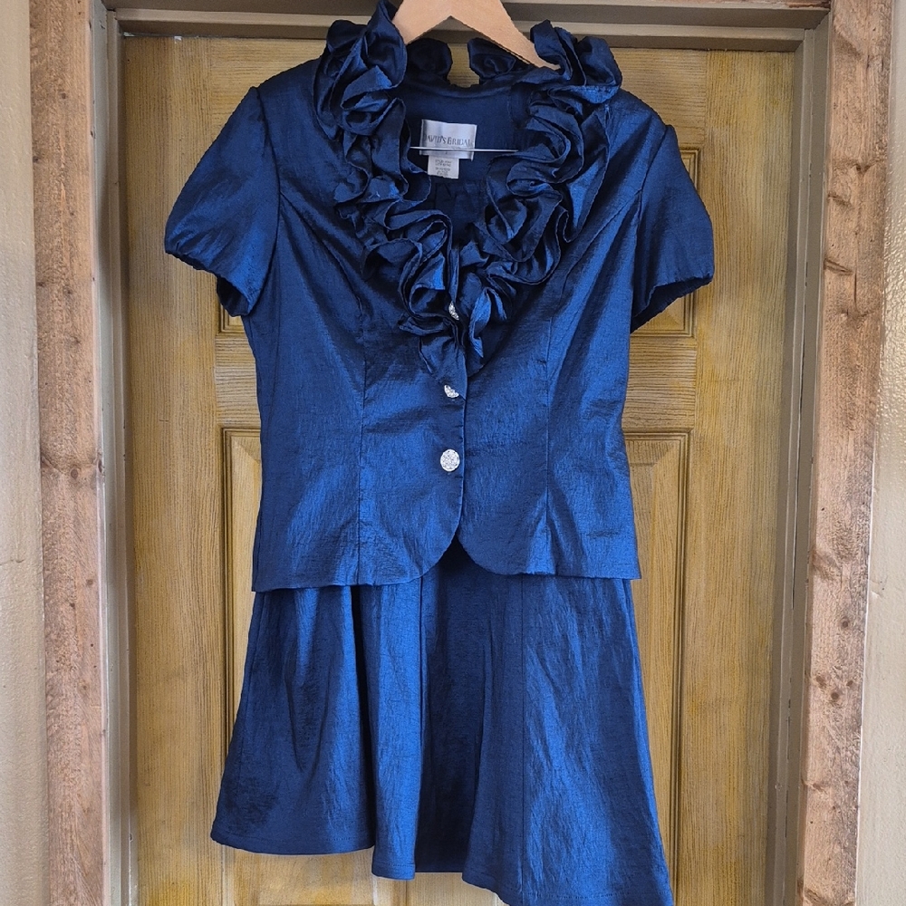 David's Bridal Navy Blue Suit Ruffled Collar Rhinestone Taffeta Vintage Size 14